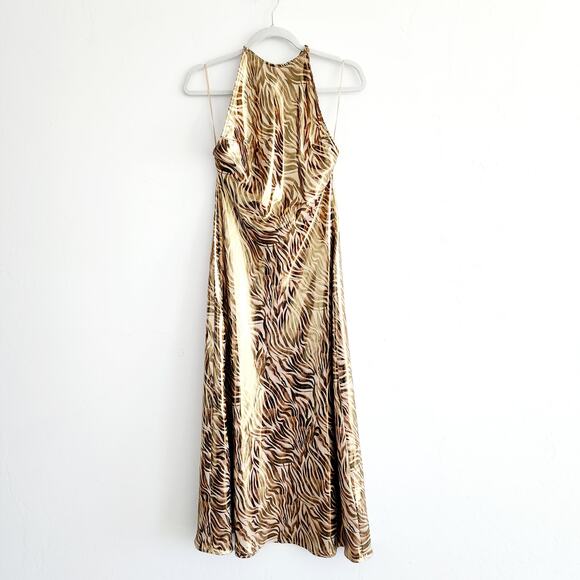 Zara Tiger Print Metallic Gold Midi Dress with Open Back Halter Top Size Small - Picture 6 of 11